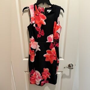 Black Calvin Klein dress with red pink floral pattern